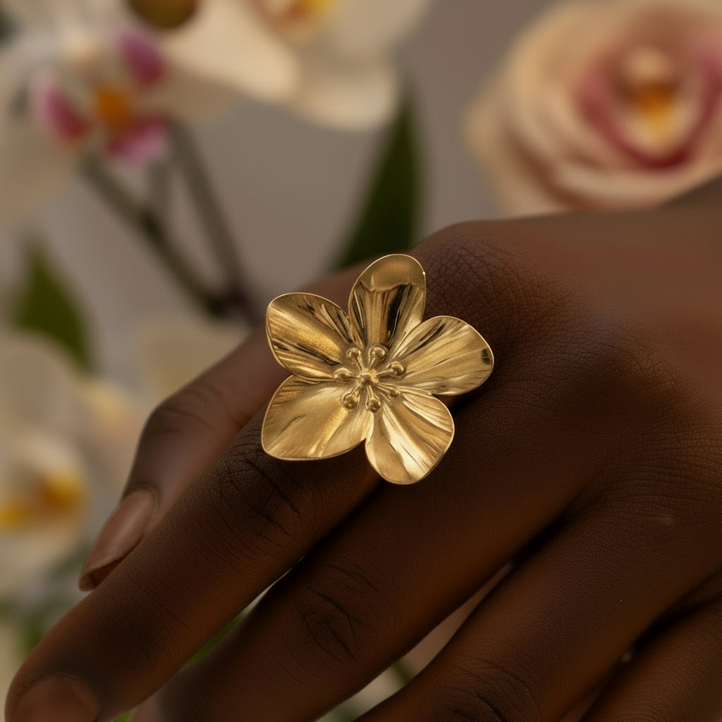 Set Ohrringe und Ring Vintage Blume vergoldet