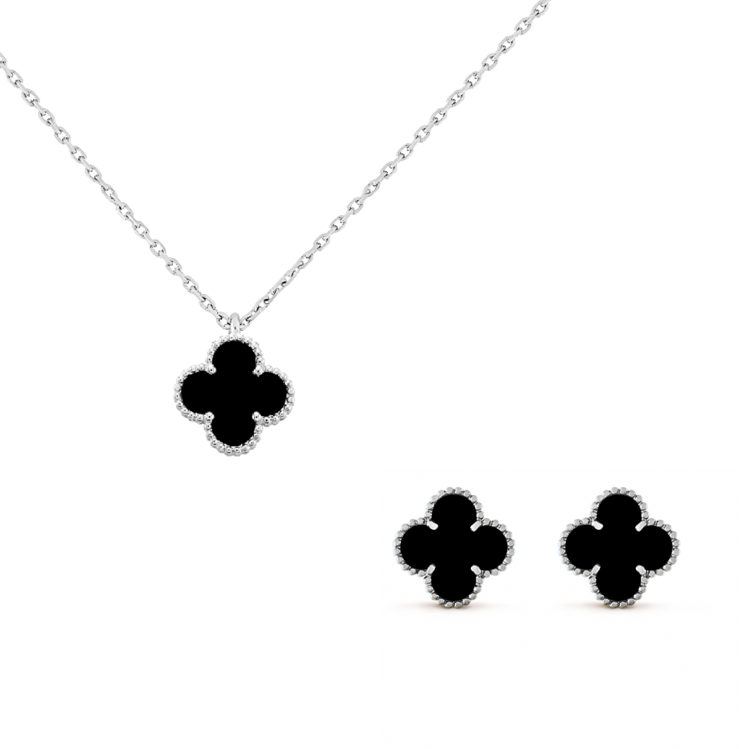 Set Onyx Clover 15 mm 925er Sterlingsilber