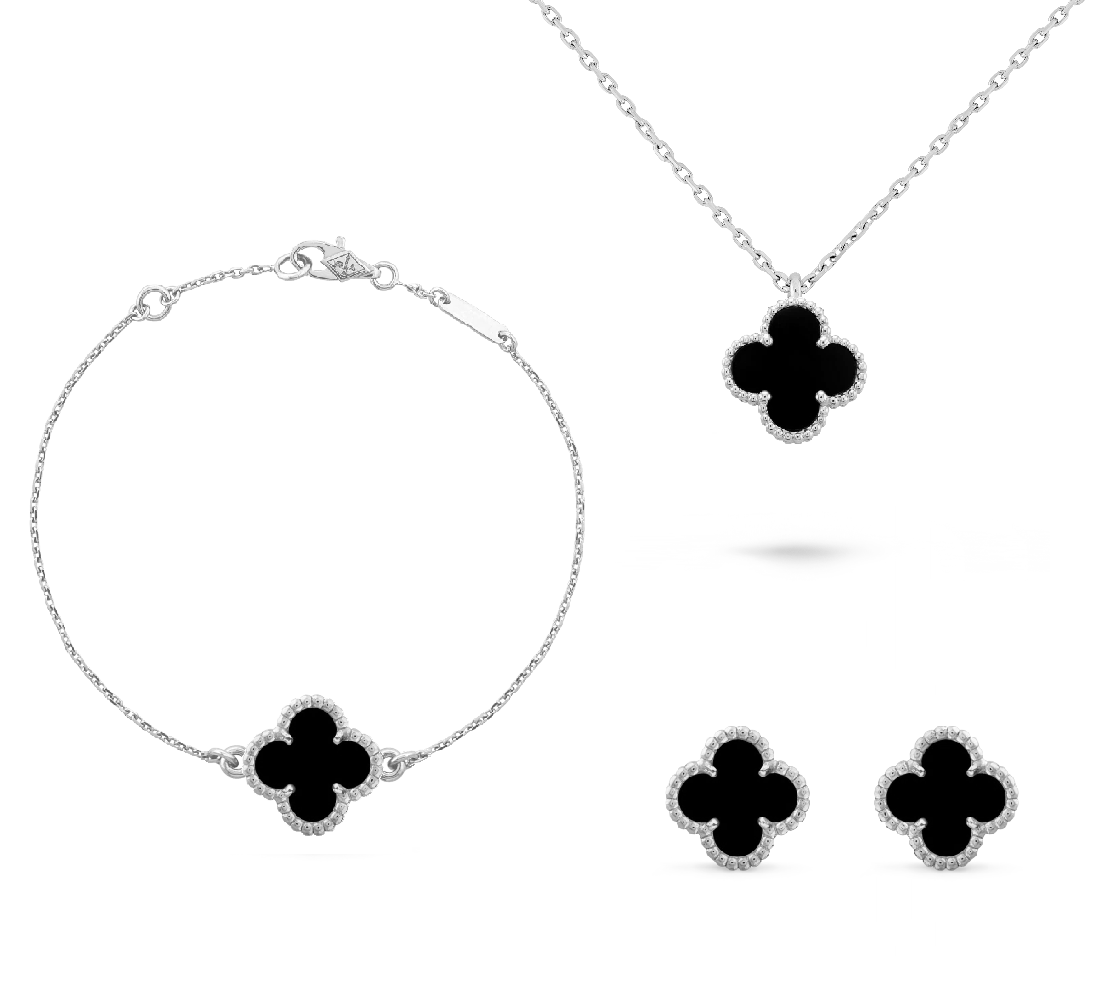 Set Onyx Clover 9 mm 925er Sterlingsilber, vergoldet